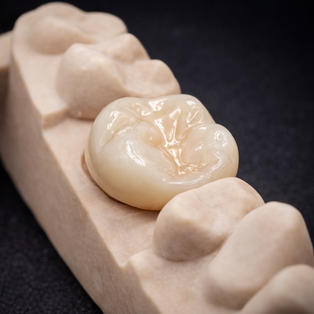 Full contour zirconia molar crown with detailed anatomy