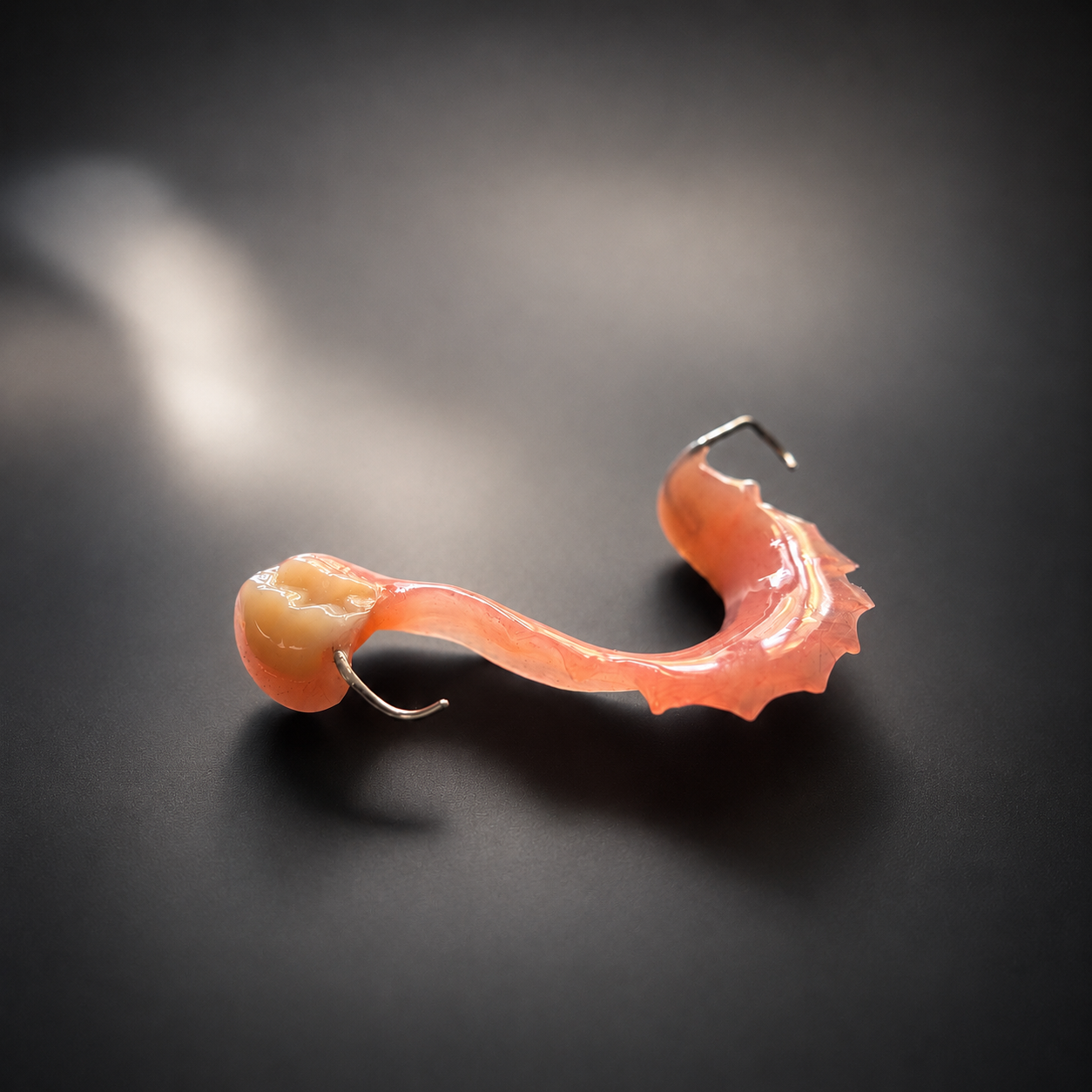 Flexible partial denture with wrought wire clasps and single posterior tooth