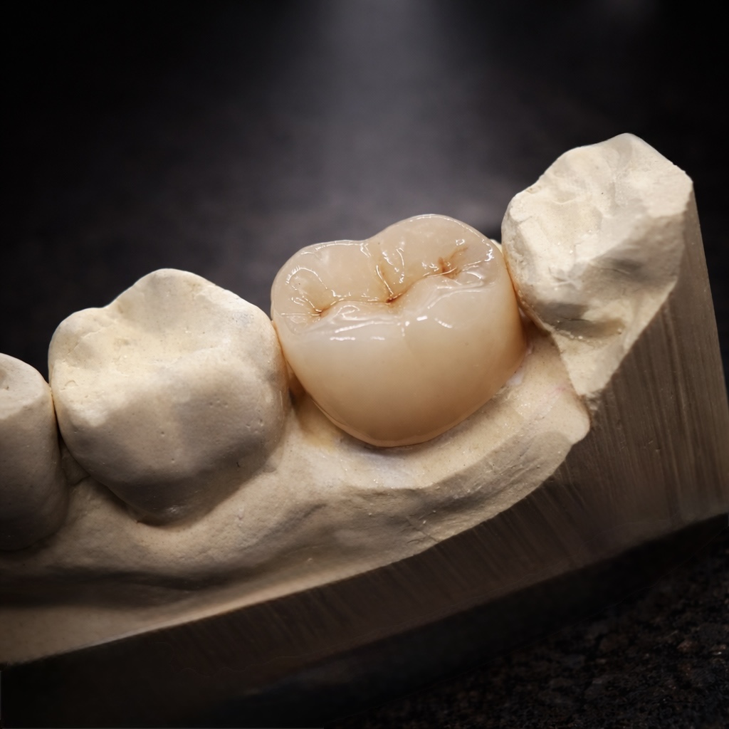 Natural-shade ceramic crown fitted between adjacent teeth